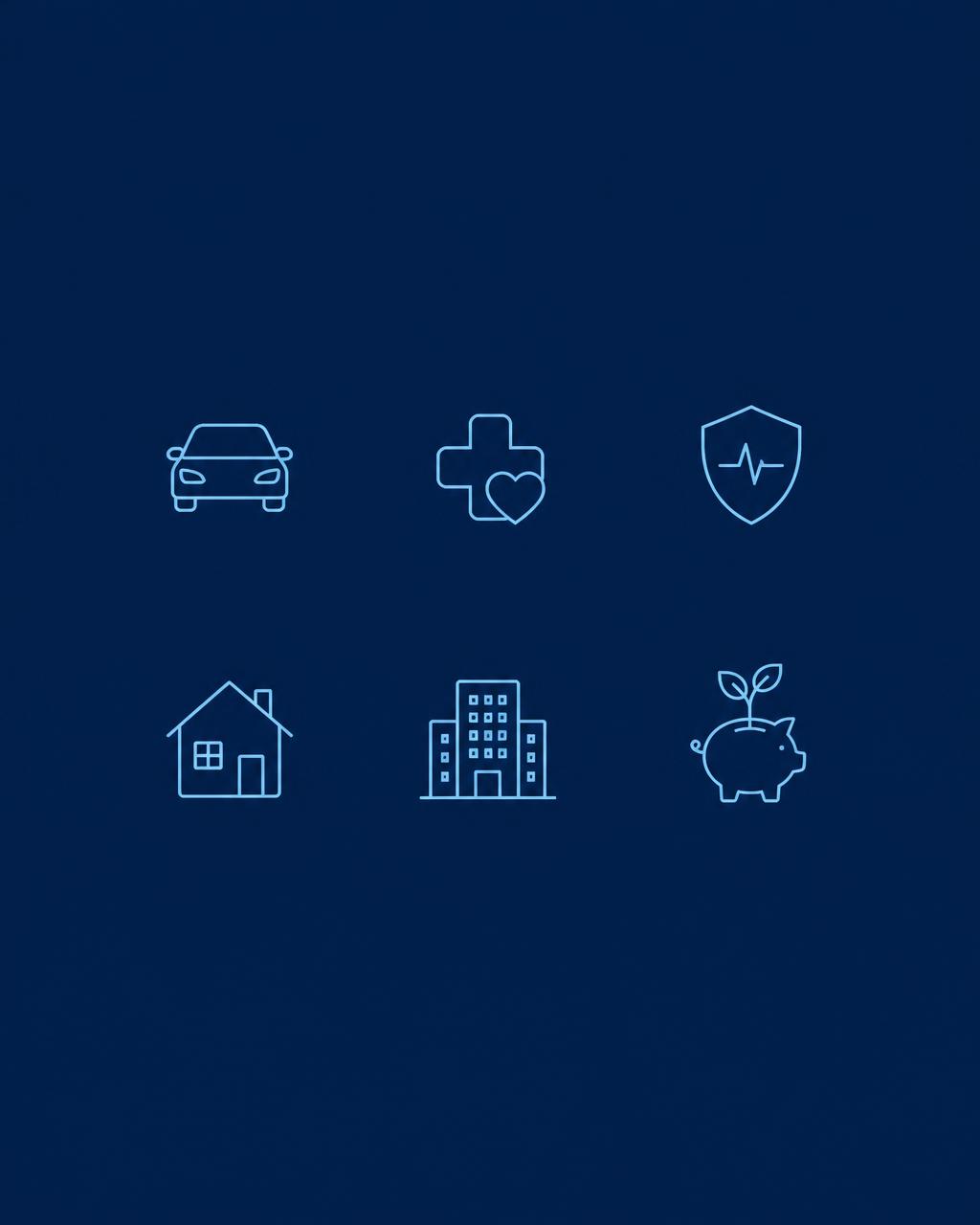 Ícones representando seguro auto, saúde, vida, residencial, empresarial e previdência